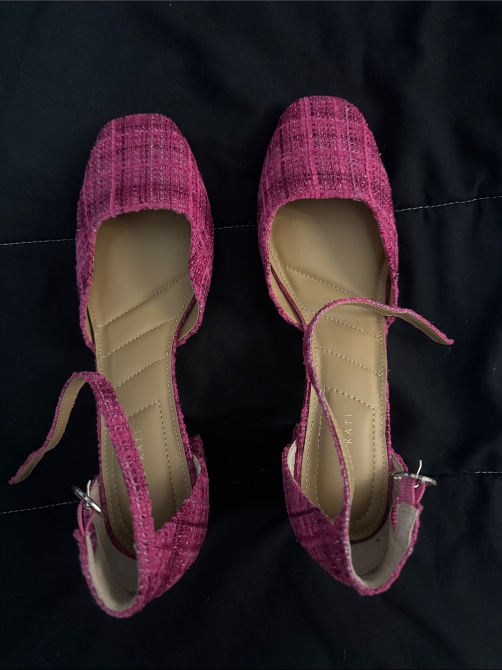 Fuchsia Tweed Square-Toe Ankle-Strap Heels
